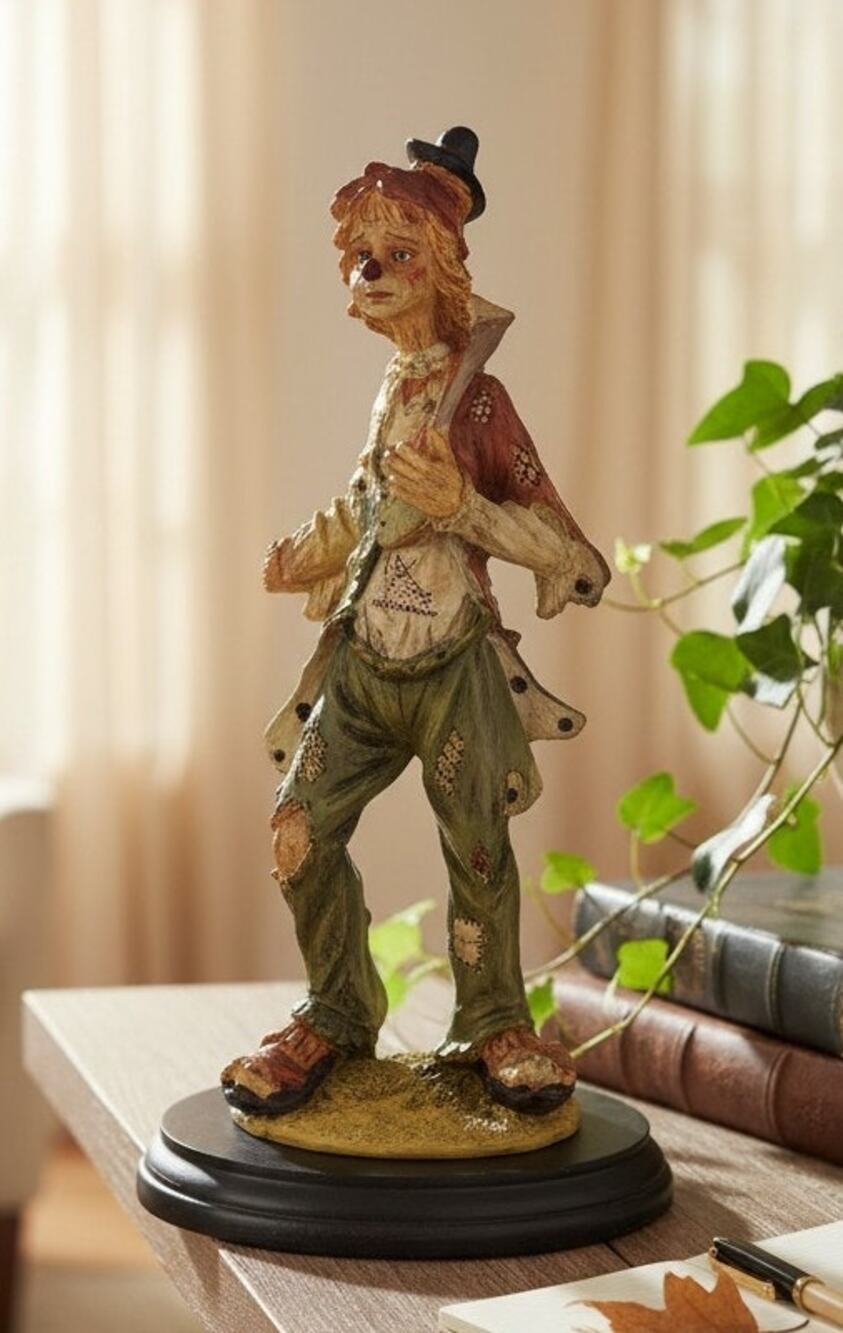 Vintage Pucci Arnart Hobo Clown Figurine Accordion Wood Base 12" Resin 1980s
